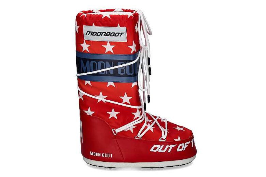 Warm Lining | Moon Boot Moon Boot Snow Boot Retrobiker White Stars Print- White/ Red