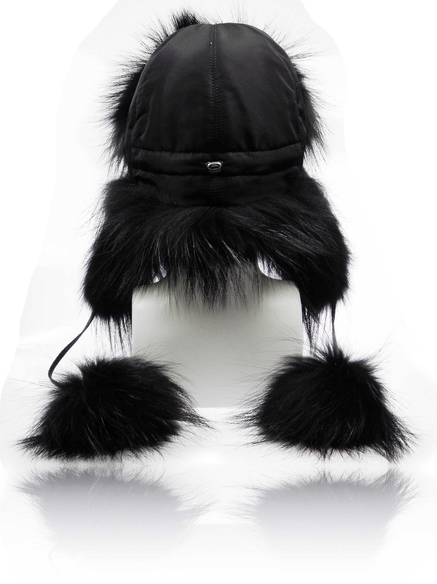 Fur Hats - Aviator Hats | FurLand Russia Furland Pilotenmutze - Ushanka Black Raccoon - Mit Pom Pom'S